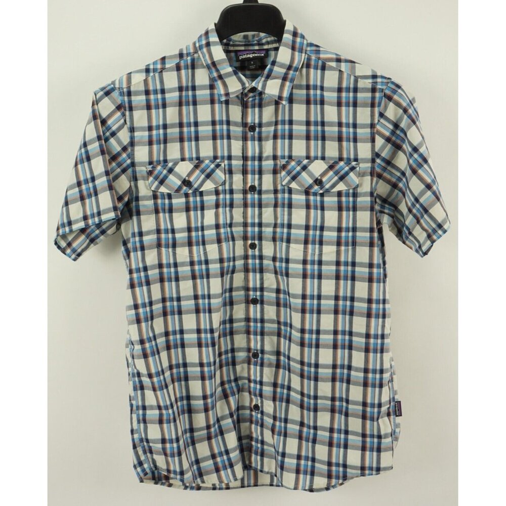 Patagonia High Moss‎ Performance Men's Small Short Sleeve Ivory Blue Plaid Shirt